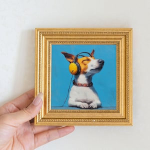 Mini Music Dog Oil Painting in Gold Frame | Hand-Painted Puppy Wall Art for Home, Office, Nursery & Perfect Gift for Dog Lovers