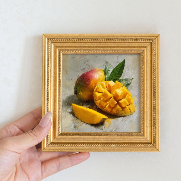 Mini-mangoolieverfschilderij-vers stillevenfruitkunstwerk in gouden kralenlijst-handgeschilderde rustieke keukenmuurdecoratie-cadeau voor hem of haar
