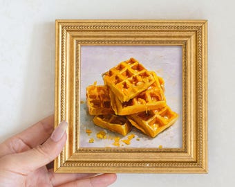 Martwa natura, obraz olejny „Waffle”: dekoracja ścienna do kuchni, prezent w postaci płótna 5x5