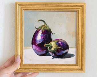 Still Life Eggplants Oil Painting: Kitchen Wall Art Decor, 5X5 Housewarming Gift