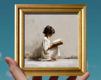 Original Reading Boy Oil Painting, Small Abstract Figure Art, Hand Painted Gold Framed Artwork Elegant Wall Decor, Gift For Nephew