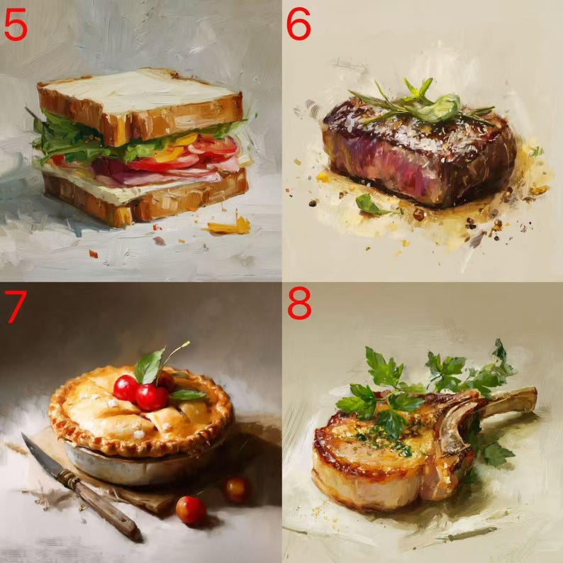 May include: Oil painting of a sandwich with layers of ham, lettuce, tomato, and cheese between two slices of toasted bread. The painting also includes a steak, a pie with cherries, and a pork chop.