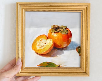 油絵 オリジナル作品　静物画　「柿」カキ 絵画 油絵 オリジナルの柿の油絵：ヴィンテージガラスボウルの静物画、キッチン