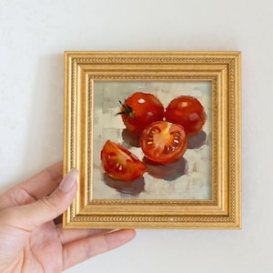 Mini Tomato Still Life Painting-Fresh Fruit Wall Art-Kitchen Decor-Handmade Oil Painting-Vegetable Artwork-Gift For Tomato Lover