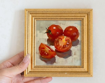 トマトの油絵 - 素朴なキッチンの静物画、20 x 20 cm - Etsy 日本