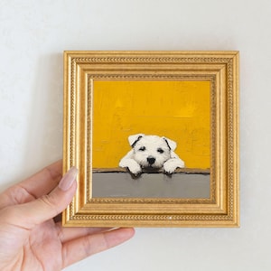 Mini Curious Puppy Peeking Oil Painting in Gold Frame | Hand-Painted Dog Wall Art for Home, Office, Nursery & Perfect Gift for Dog Lovers