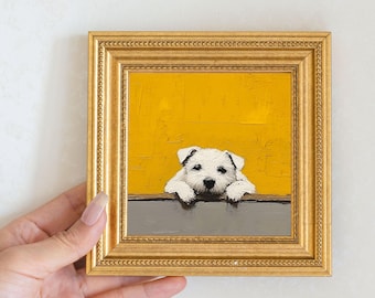 Mini Curious Puppy Peeking Oil Painting in Gold Frame | Hand-Painted Dog Wall Art for Home, Office, Nursery & Perfect Gift for Dog Lovers