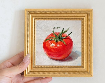 Mini Tomato Oil Painting in Gold Frame | Small Kitchen Wall Art for Chefs & Gardeners Lovers Gift| Still Life Painting Wall Decor
