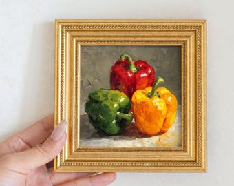 Still Life Bell Pepper Oil Painting: Kitchen Wall Art Decor, 5X5 Artwork Gift