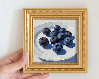 Still Life Blueberries Oil Painting: Dining Room Wall Art Decor, 5x5 Artwork Gift