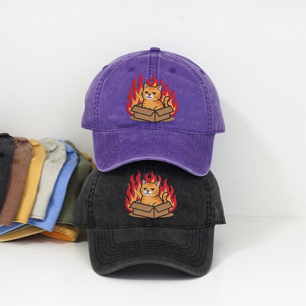 Gestickte Fire Box Cat Baseballmütze, Vintage lustige Meme gewaschene Dad Mütze, Retro Haustier Besitzer Low Profil Mütze, Scherzgeschenk