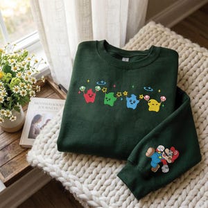 Broderad Luma Star Crew T-shirt, Super Galaxy Friends-tröja, Jumping Plumber-luvtröja med ärm, Vintage Mushroom Kingdom-spelkläder