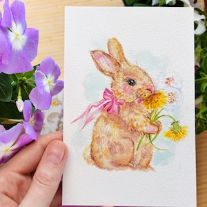 Bunny Watercolor Art Print: Cottage Nursery Decor, Newborn Gift Card (4x6 in