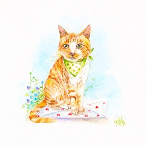 Gato malhado laranja com bandana em carta de amor — arte original em aquarela suave, arte 6x6 com tapete 8x8, decoração de parede para gatos, arte para gatos