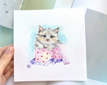 Original Watercolor Matted Art: Playful Grey Kitten Sweet Nursery Art Adorable Cats
