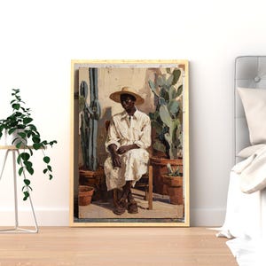 May include: A framed art print depicts a person in a white dress and straw hat seated on a wooden chair. The person is in front of a wall with cacti in terracotta pots. The artwork has a warm color palette.