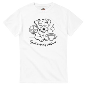 Cute Dog Coffee T-Shirt – “Good Morning Sunshine” Print, Unisex Gildan Tee, Cozy Morning Shirt, Gift for Dog and Coffee Lovers