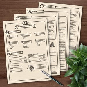 May include: A set of printable Dungeons & Dragons character sheets with sections for exploration, combat, abilities, damage and healing, and conditions. The sheets are printed on a beige paper with black ink.