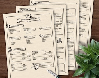 May include: A set of printable Dungeons & Dragons character sheets with sections for exploration, combat, abilities, damage and healing, and conditions. The sheets are printed on beige paper with black ink.