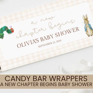 Un nuovo capitolo inizia con involucri di barrette di cioccolato / Bomboniere per barrette di cioccolato piccole e grandi / Bomboniere per baby shower con libro di fiabe / Modello Canva modificabile