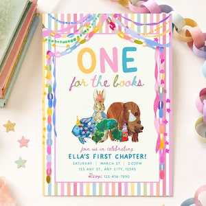 May include: A rectangular party invitation card featuring a striped border and colorful paper chain decorations. The text reads ONE for the books, join us in celebrating ELLA'S FIRST CHAPTER!, with illustrations of a rabbit, bear, fish, and caterpillar.