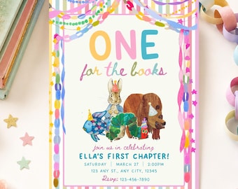 May include: A rectangular party invitation card featuring a striped border and colorful paper chain decorations. The text reads ONE for the books, join us in celebrating ELLA'S FIRST CHAPTER!, with illustrations of a rabbit, bear, fish, and caterpillar.