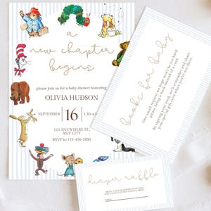 Op de afbeelding: Een uitnodigingsset voor een babyshower met een aquarelontwerp. De uitnodiging bevat de tekst "een nieuw hoofdstuk begint" en details voor de babyshower van Olivia Hudson op 16 september. Inclusief een "boeken voor baby"-kaart en een luierloterijkaart.