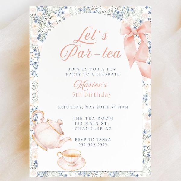 Floral Tea Party Birthday Invitation | Blue and Pink Floral Tea Party Invite | Printable Canva Template | Instant Download | Par-Tea Invite