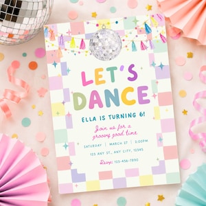 Inbjudan till födelsedagsfest med "Let’s Dance", disco-födelsedagsfest, groovy girl-födelsedag, redigerbar Canva-mall, direkt digital nedladdning