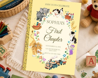 May include: A pale yellow invitation card featuring a floral wreath border with illustrations of an elephant, puppy, train, duck, kitten, and lion. The text reads: JOIN US TO CELEBRATE, SOPHIA'S First Chapter, NOVEMBER 10, 3PM, 123 ANYWHERE ST., ANY CITY, RSVP to 123-456-7890.