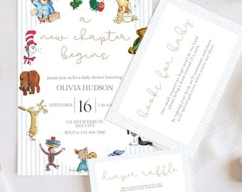 Storybook Baby Boy Shower Invitation Bundle Template | A New Chapter Begins Blue Invite | Books & Diaper Raffle Inserts | Canva Editable