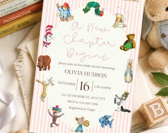 A New Chapter Begins Baby Girl Shower Invitation, Storybook Baby Shower Invite, Pink Book Theme Shower, Editable Canva Template