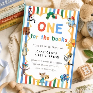 May include: A rectangular invitation card with a vertical striped border in orange, green, and blue. The text reads ONE for the books, JOIN US IN CELEBRATING CHARLOTTE'S FIRST CHAPTER, SATURDAY MARCH 27 2:00PM, 123 ANY ST., ANY CITY, 12345, RSVP TO: 123-456-7890.