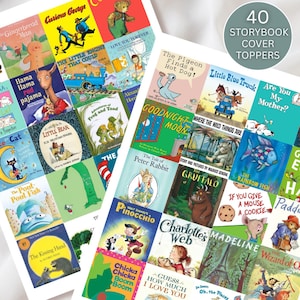 Pode incluir: Uma coleção de 40 topos de capa de livros de histórias com várias ilustrações e títulos de livros infantis clássicos, incluindo The Gingerbread Man, Curious George, Corduroy, Love You Forever e The Pout-Pout Fish.