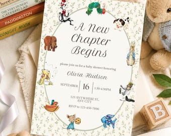 A New Chapter Begins Baby Shower Invitation Template, Storybook Baby Shower Invitation, Editable Canva Invite, Book Themed Baby Shower