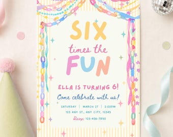 Puede incluir: Una tarjeta de invitación de cumpleaños rectangular con fondo crema y rayas verticales de color amarillo claro. El texto dice SIX times the FUN, ELLA IS TURNING 6!, Come celebrate with us!, e incluye fecha, hora, lugar y detalles de RSVP.