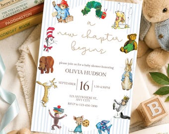 A New Chapter Begins Baby Boy Shower Invitation, Storybook Baby Shower Invite, Blue Book Theme Shower, Editable Canva Template