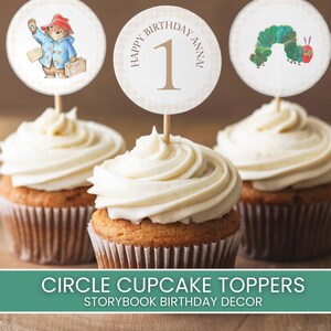 Printable Gingham Storybook Cupcake Toppers, Circle Book Theme Toppers, ONE for the Books Birthday, Baby Shower Decor, Instant Download