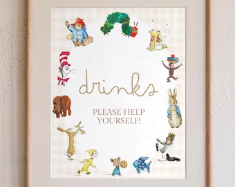 May include: A framed sign with a light beige checkered background featuring the text "drinks" and "PLEASE HELP YOURSELF!" surrounded by illustrations of various storybook characters including a caterpillar, bear, rabbit, and cat in a hat.