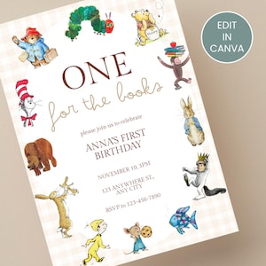 Invitación de primer cumpleaños con temática de libros / Invitación de cumpleaños de cuentos / Primer cumpleaños con temática de libros / Descarga digital