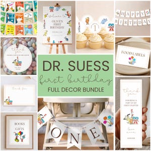 May include: A collection of Dr. Seuss-themed party decorations. Includes banners, signs, cupcake toppers, and thank you tags. The color scheme features red, blue, yellow, and green, with whimsical illustrations and text. The decorations are designed for a first birthday celebration.