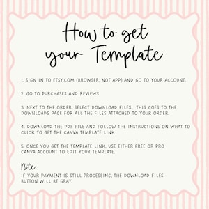 May include: A light pink and white striped instructional graphic titled How to get your Template. It lists five numbered steps for downloading files from Etsy and accessing a Canva template, plus a note about payment processing status.
