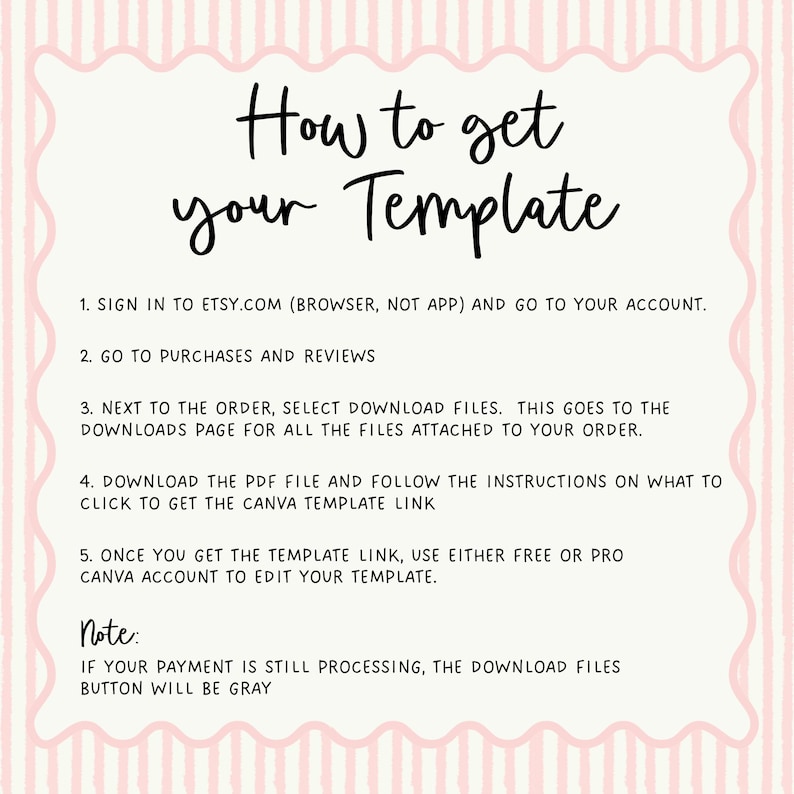 May include: A light pink and white striped instructional graphic titled How to get your Template. It lists five numbered steps for downloading files from Etsy and accessing a Canva template, plus a note about payment processing status.
