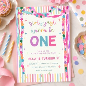 Puede incluir: Una tarjeta de invitación de cumpleaños rectangular con un borde de rayas pastel, guirnaldas de cuentas coloridas y detalles de estrellas. El texto dice: girls just wanna be ONE, JOIN US FOR A FUN & WHIMSICAL TIME!, ELLA IS TURNING 1!, SATURDAY, MARCH 27, 2:00PM, 123 ANY ST., ANY CITY, 12345, RSVP: 123-456-7890.