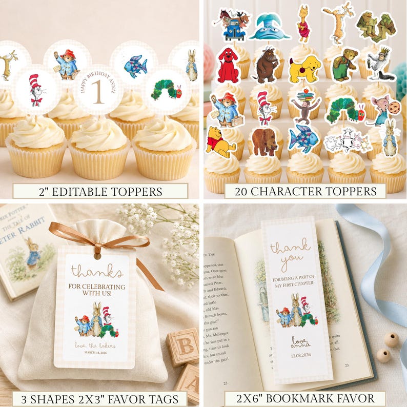 May include: A collection of party supplies featuring classic storybook characters. Includes 2-inch editable cupcake toppers, 20 character toppers, 2x3-inch favor tags with the text 'thanks for celebrating with us', and 2x6-inch bookmarks with the text 'thank you for being a part of my first chapter'.