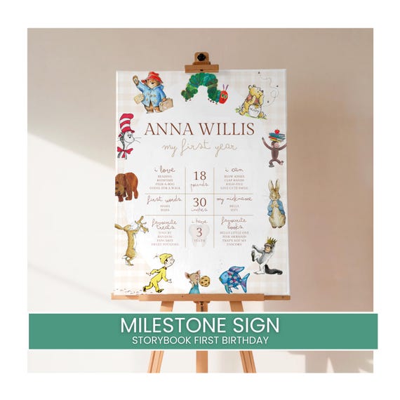 One for the Books Milestone Sign | First Birthday Reading Milestones | Editable Canva Template
