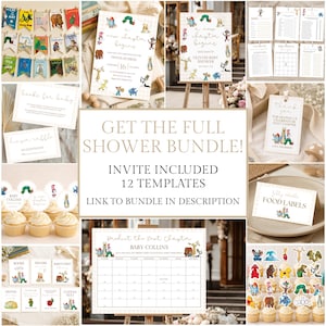 May include: A baby shower stationery bundle featuring 12 templates with classic storybook character illustrations. Includes invitations, welcome signs, games, thank you tags, food labels, and a calendar, all decorated with colorful storybook motifs.
