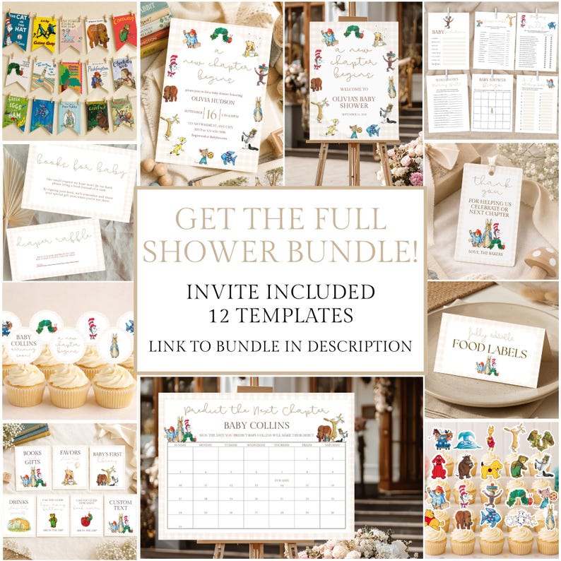 May include: A baby shower stationery bundle featuring 12 templates with classic storybook character illustrations. Includes invitations, welcome signs, games, thank you tags, food labels, and a calendar, all decorated with colorful storybook motifs.