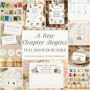 May include: A comprehensive baby shower stationery bundle featuring storybook-themed illustrations. The set includes invitations, welcome signs, game cards, cupcake toppers, food labels, and a prediction calendar, all decorated with classic children's book characters.