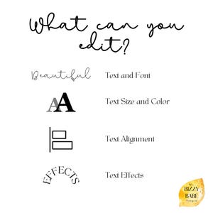 May include: White background with black text that reads "What can you edit?" followed by text options: "Text and Font", "Text Size and Color", "Text Alignment", and "Text Effects". A logo is in the bottom right corner.